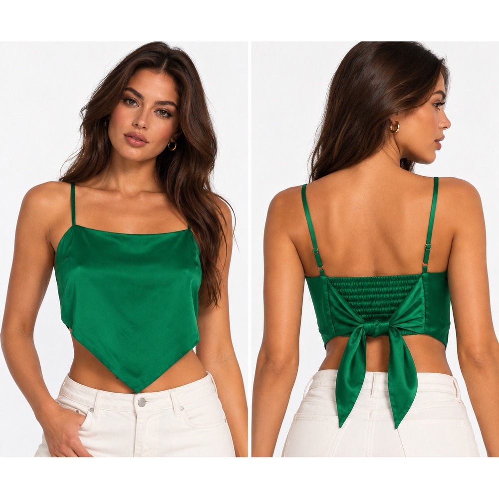 Stradivarius Green Satin Scarf Hem Crop Top M Smocked Tie Back Y2K Cami
